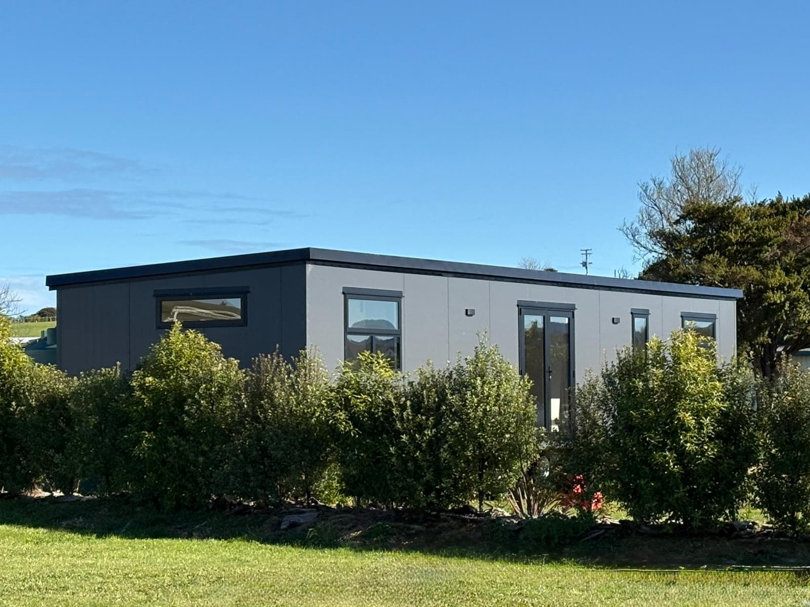 14×4 modern economy tiny home landed on a rural New Zealand section