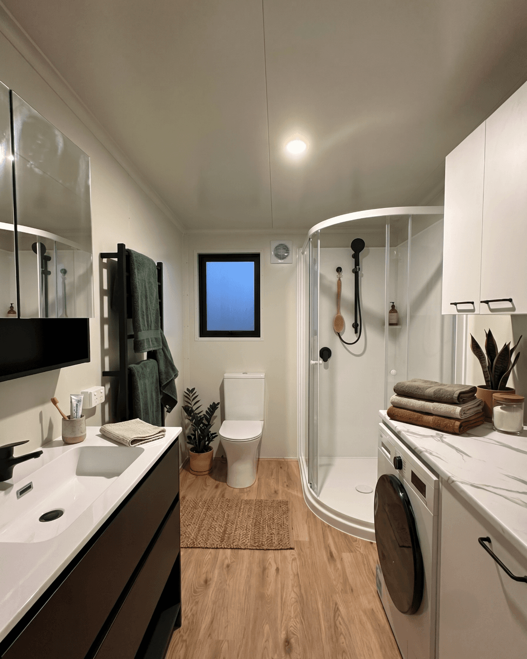 Bathroom with corner shower, floating double vanity, heated towel rail and integrated laundry
