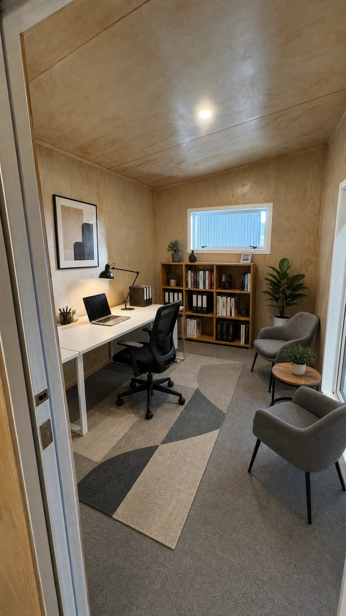 Cabin interior fit-out showing built-in joinery