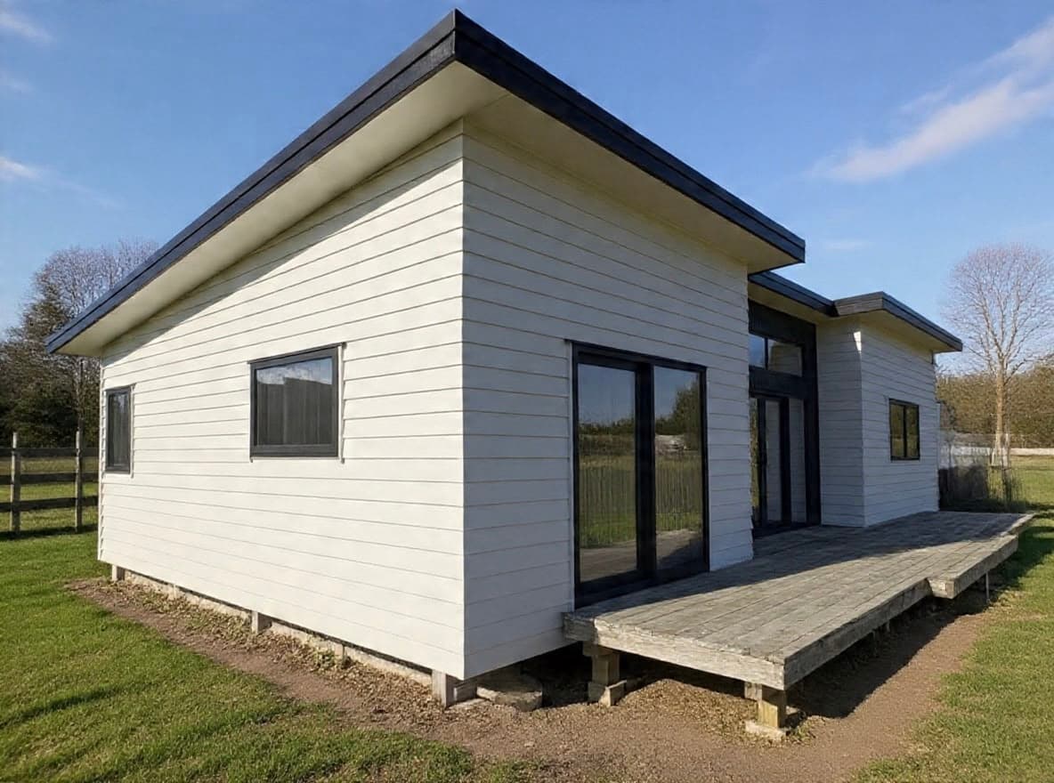 White NZ-made 3-bedroom transportable home on a rural section