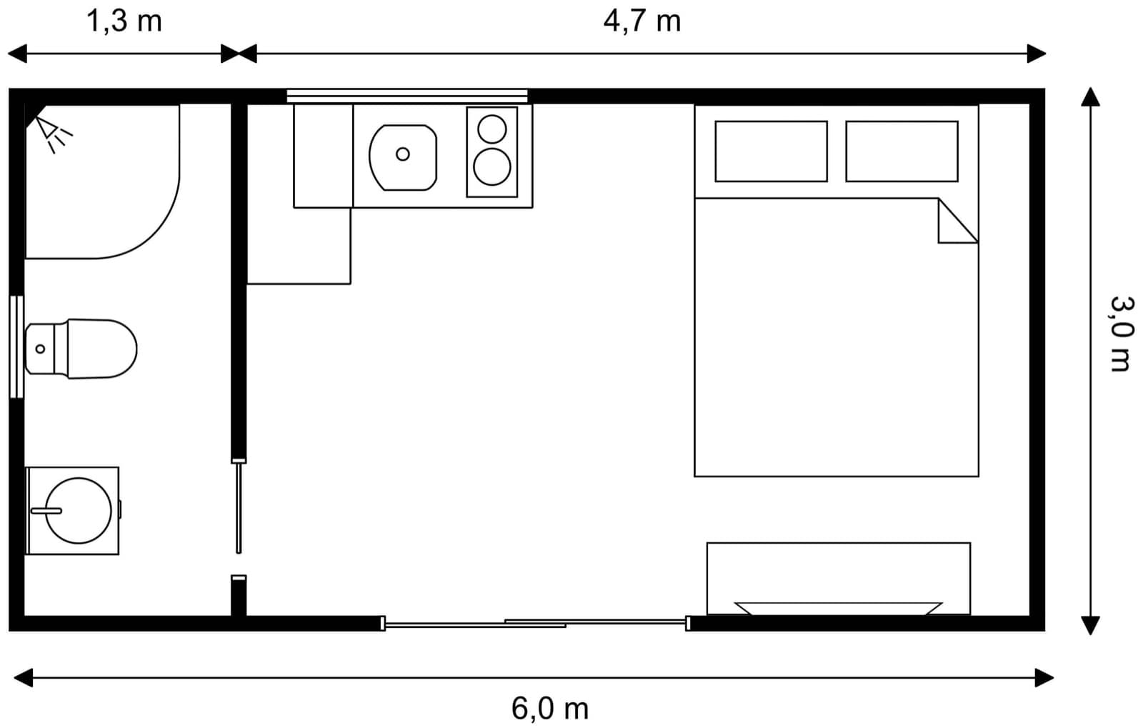 6m × 3m Studio Tiny Home 2D floor plan