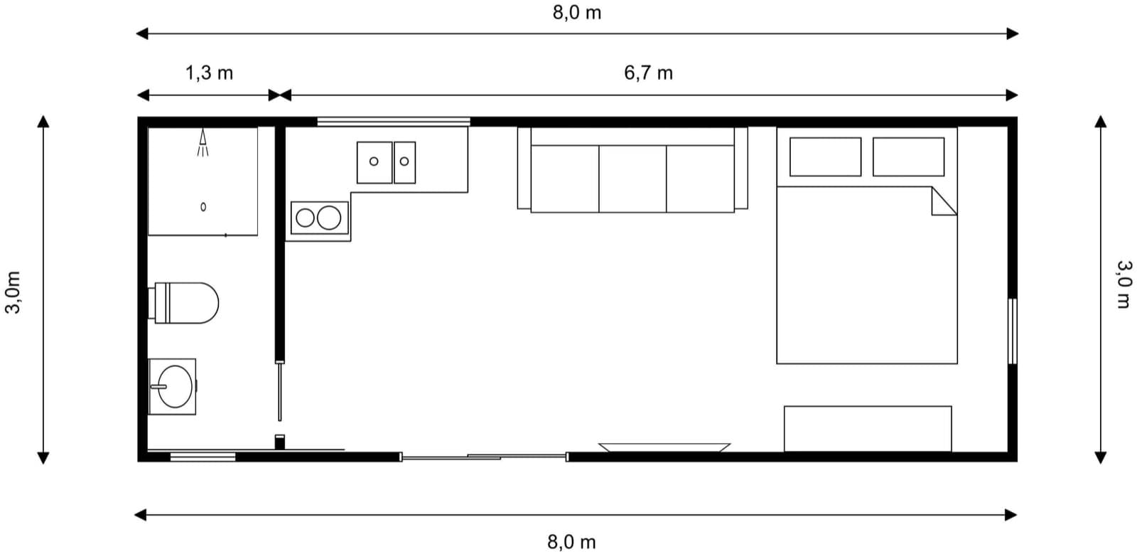 8m × 3m One bedroom Tiny Home floor plan