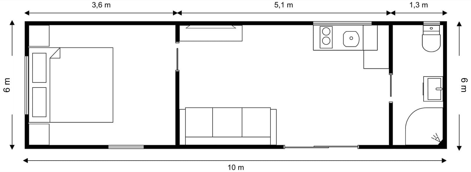 10m × 6m Passive One bedroom Tiny Home floor plan
