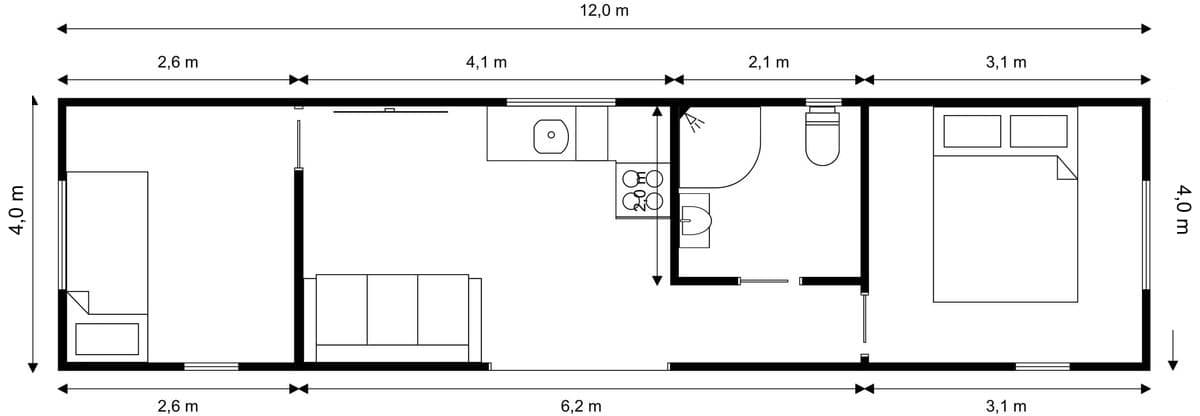 12m × 4m Two bedrooms Tiny Home floor plan