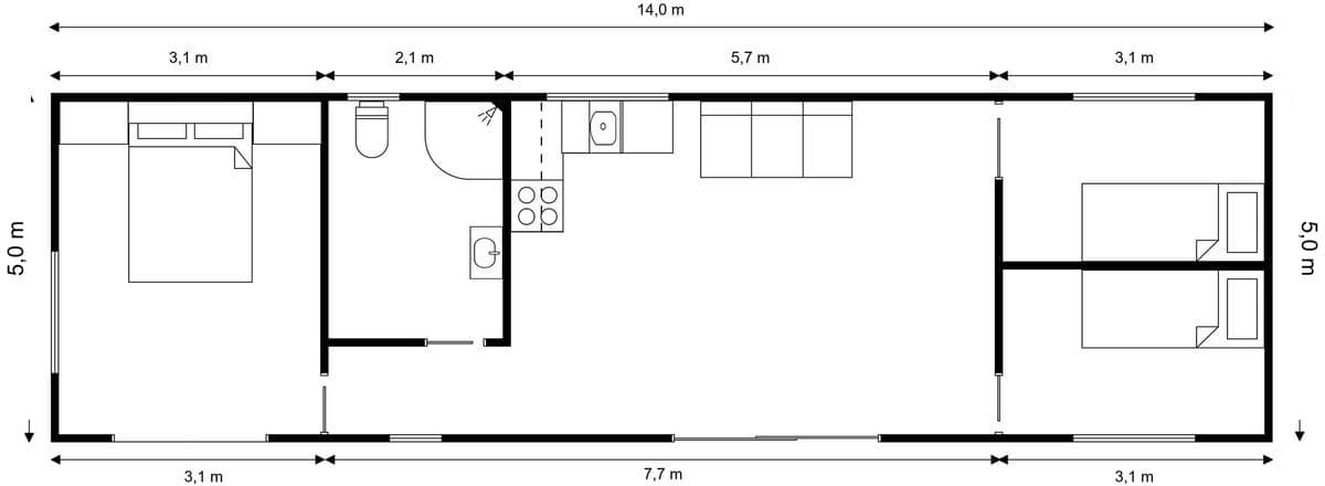 14m × 5m Three bedrooms Transportable Home floor plan