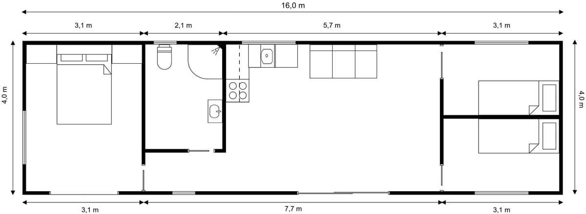 16m × 4m Three bedrooms Transportable Home 2D floor plan