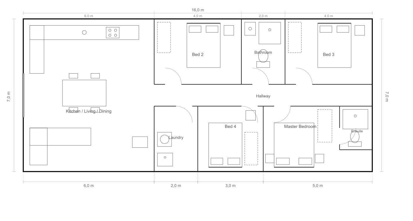 16m × 7m Four bedrooms Transportable Home floor plan