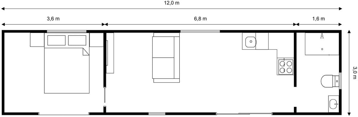 12m × 3m One bedroom Tiny Home 2D floor plan