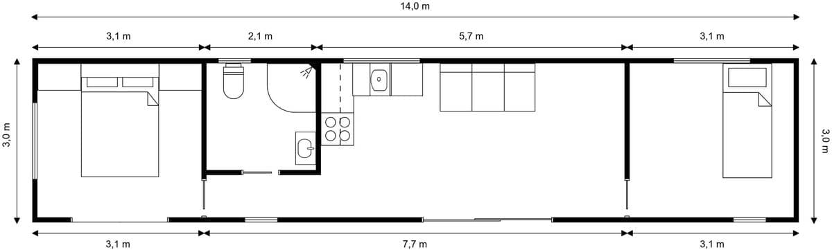 14m × 3m Two bedrooms Tiny Home 2D floor plan