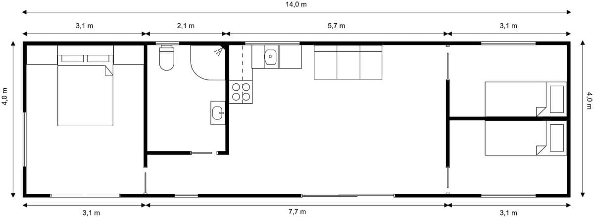14m × 4m Three bedrooms Tiny Home floor plan